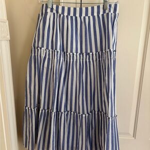 J. Crew Tiered Midi Skirt in Blue and White Stripes
